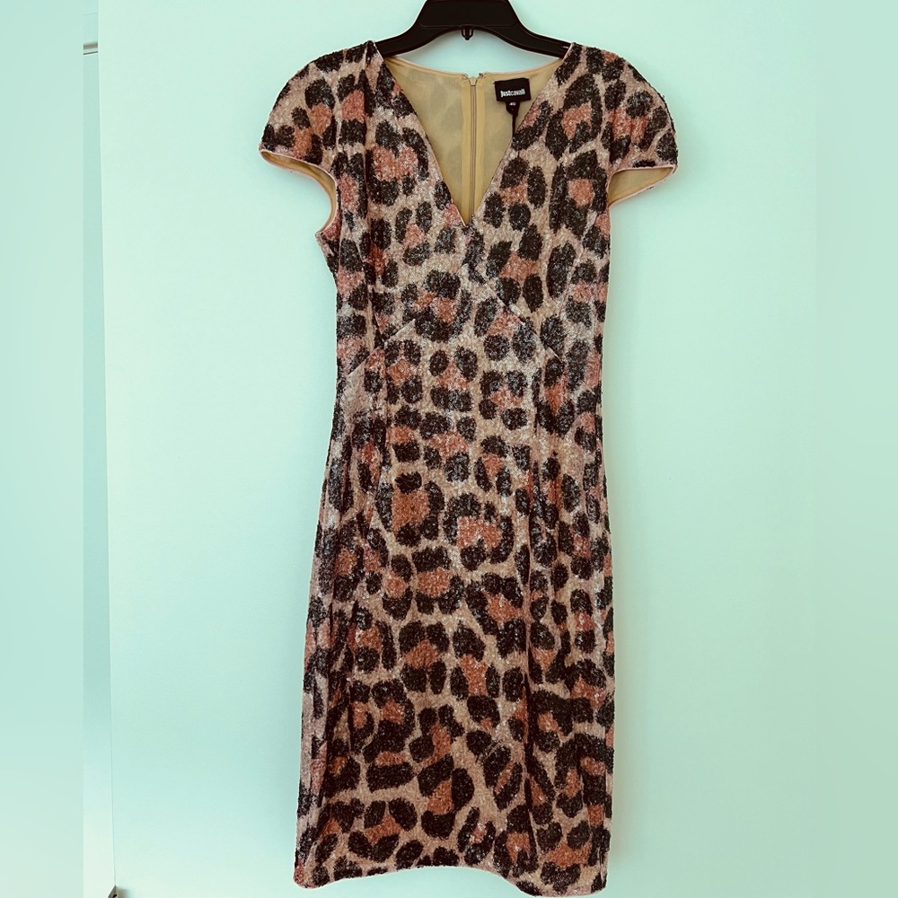 Just Cavalli Pink Leopard Print Short Sleeve Sequin Dress